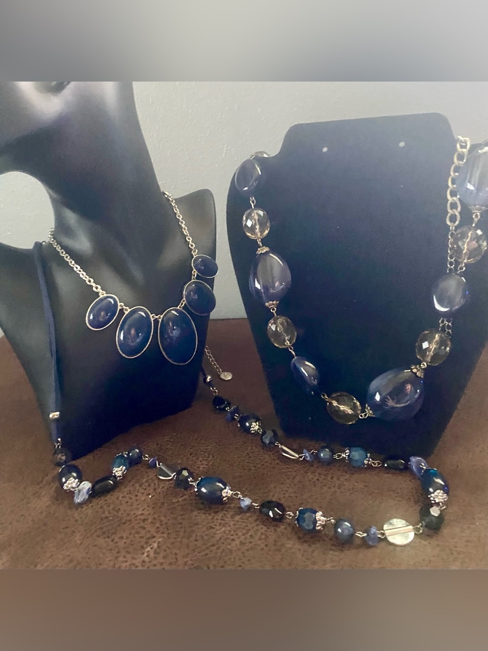 Liz Claiborne Deep Blue and Silvertone Beaded Statement and Chunky Necklace Set